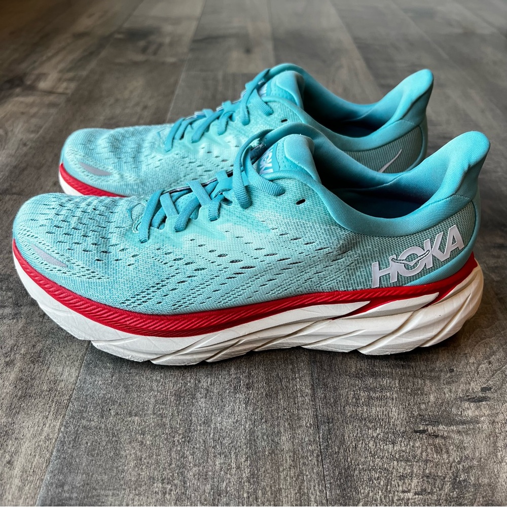Hoka One One Women's Teal Turquoise Running Shoes with Red Accent